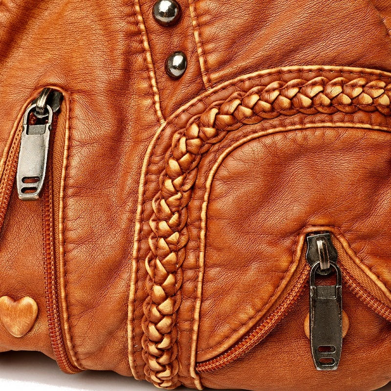 Distressed Leather Multi-Pocket Shoulder Bag