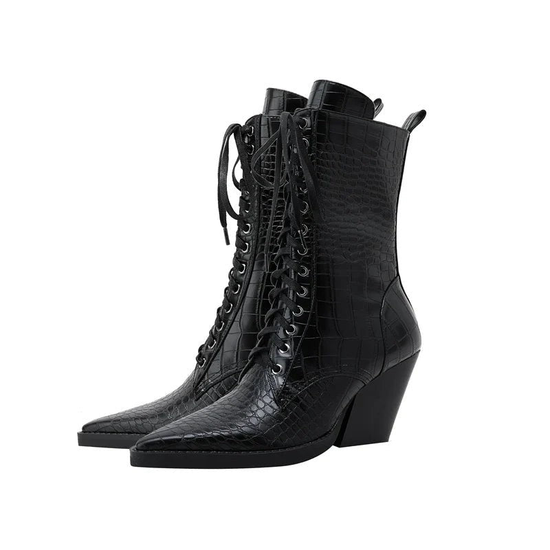 Virello Croc Embossed Block Heel Lace-Up Boots