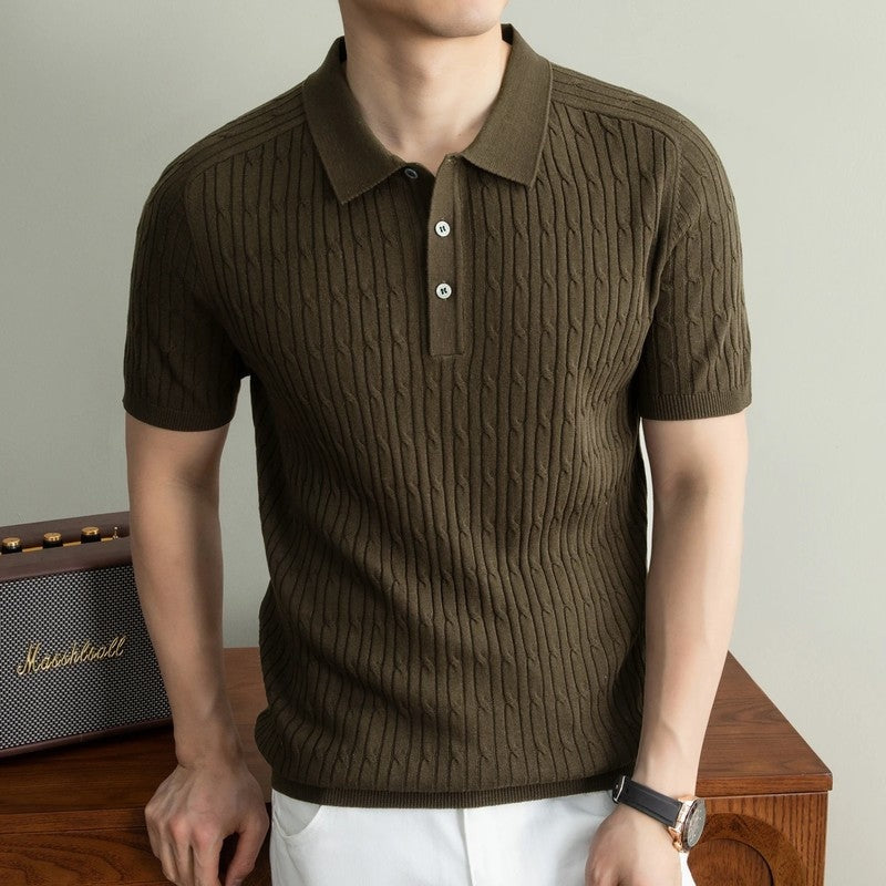 Cable Knit Short Sleeve Polo Shirt