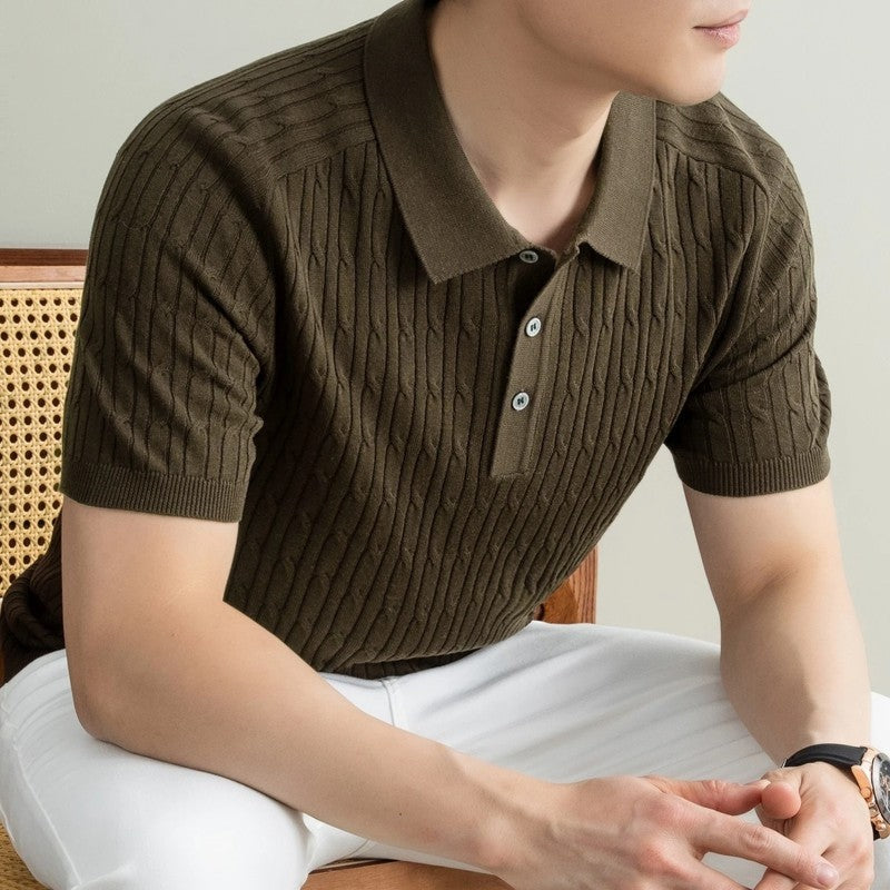 Cable Knit Short Sleeve Polo Shirt