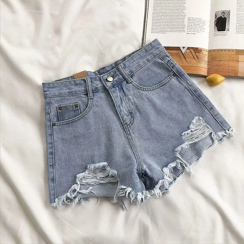 Distressed High-Rise Frayed Hem Denim Shorts