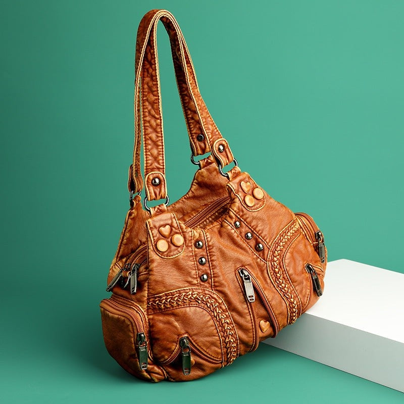 Distressed Leather Multi-Pocket Shoulder Bag