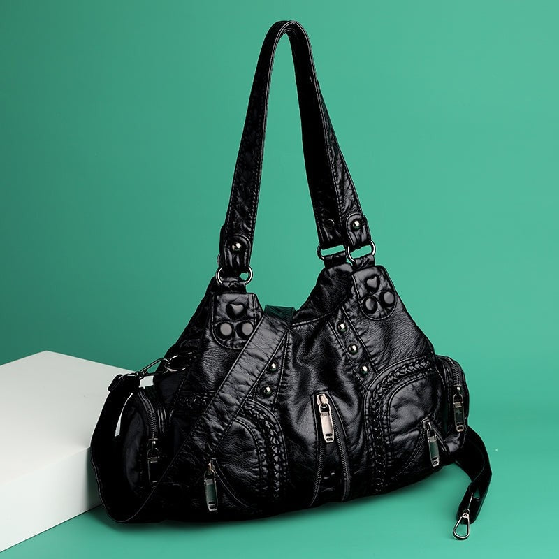 Distressed Leather Multi-Pocket Shoulder Bag