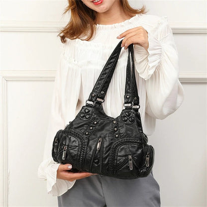 Distressed Leather Multi-Pocket Shoulder Bag