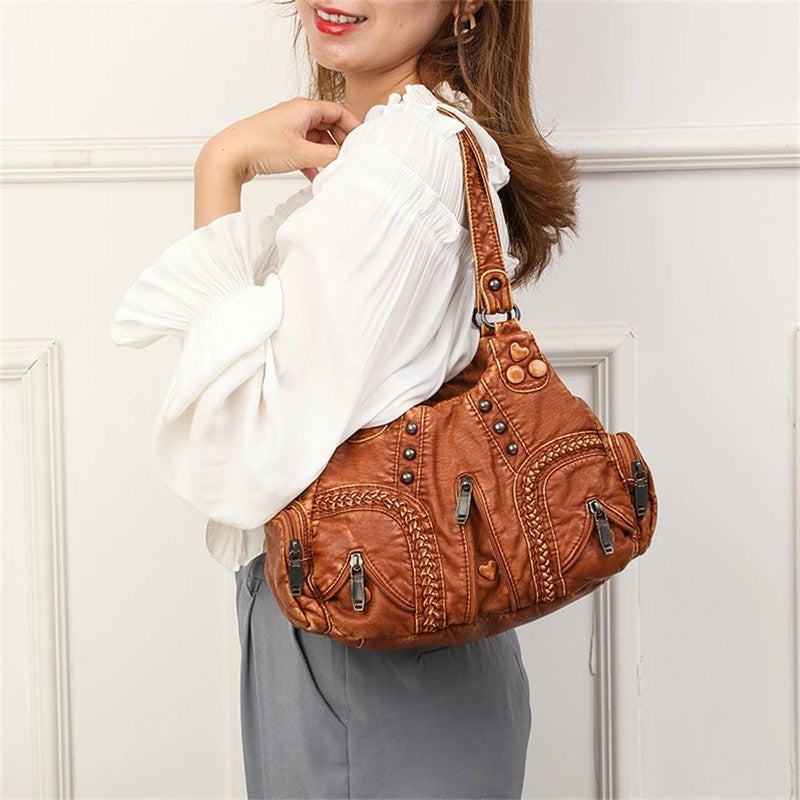 Distressed Leather Multi-Pocket Shoulder Bag
