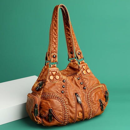 Distressed Leather Multi-Pocket Shoulder Bag