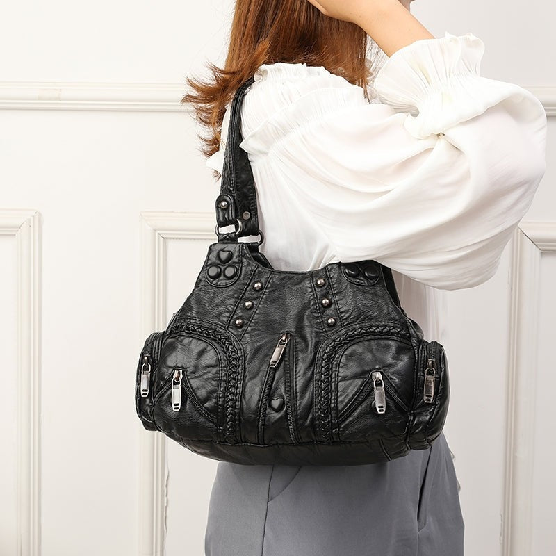 Distressed Leather Multi-Pocket Shoulder Bag