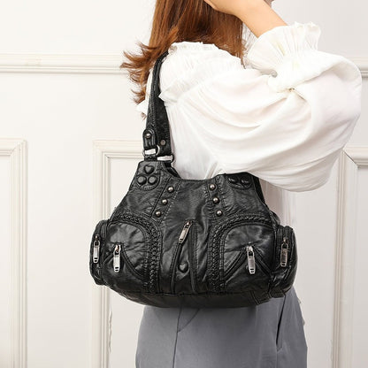 Distressed Leather Multi-Pocket Shoulder Bag