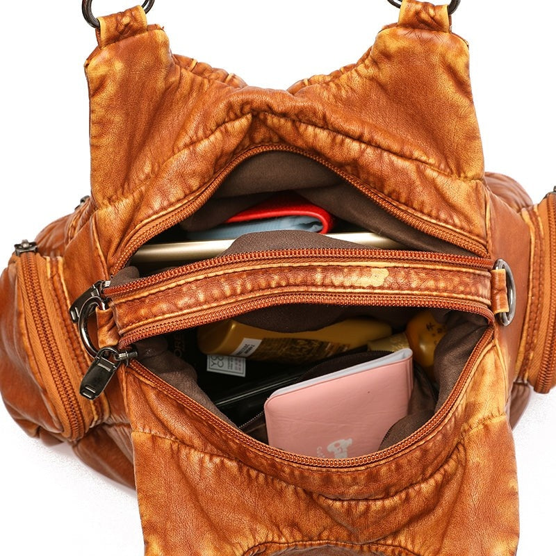 Distressed Leather Multi-Pocket Shoulder Bag