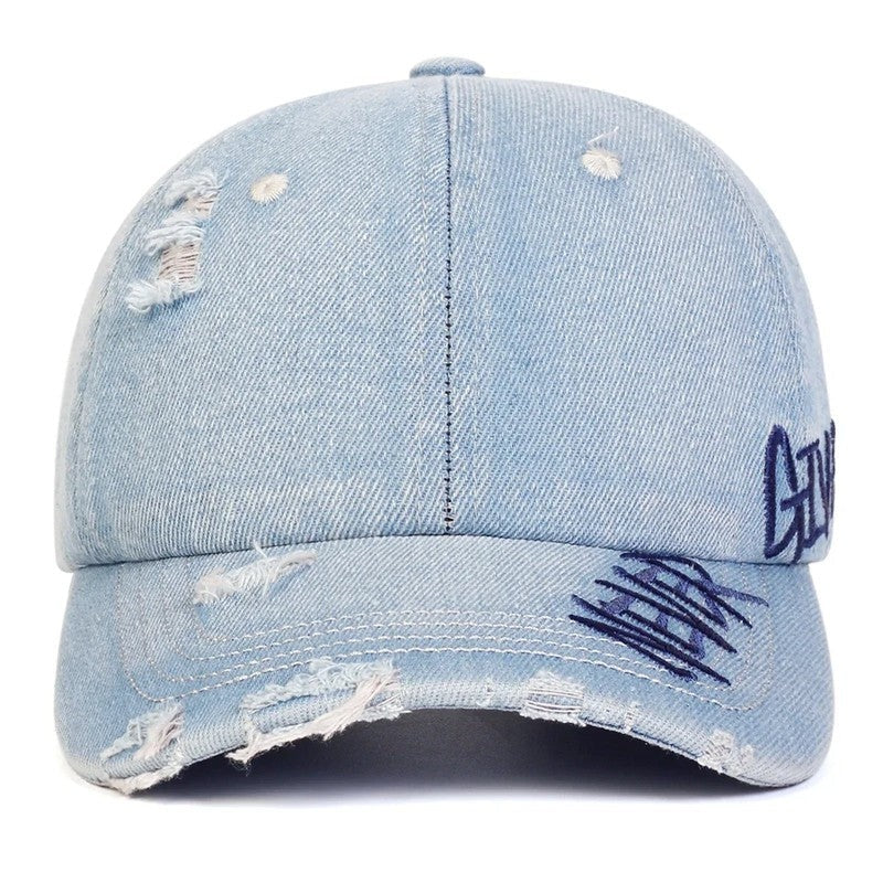 Eloria Distressed Embroidered Denim Baseball Cap