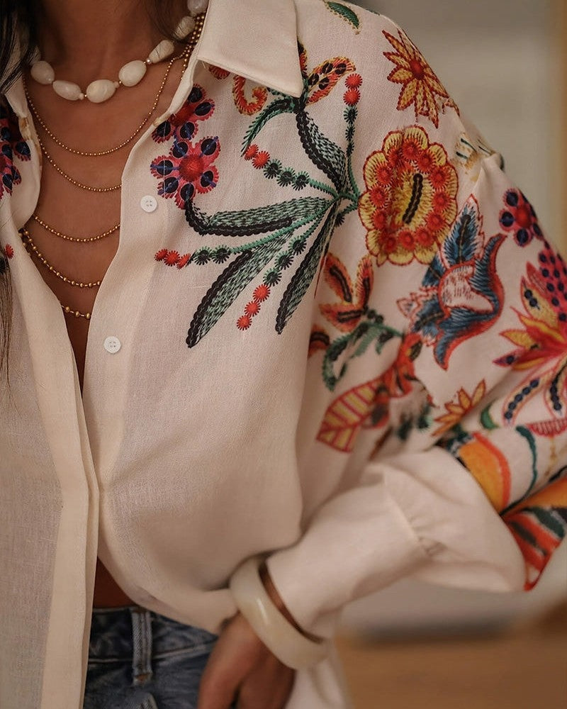 Embroidered Floral Relaxed Linen Shirt