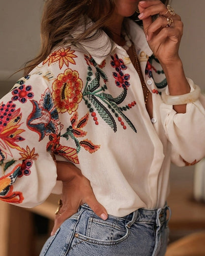 Embroidered Floral Relaxed Linen Shirt
