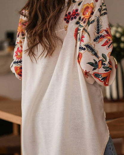 Embroidered Floral Relaxed Linen Shirt