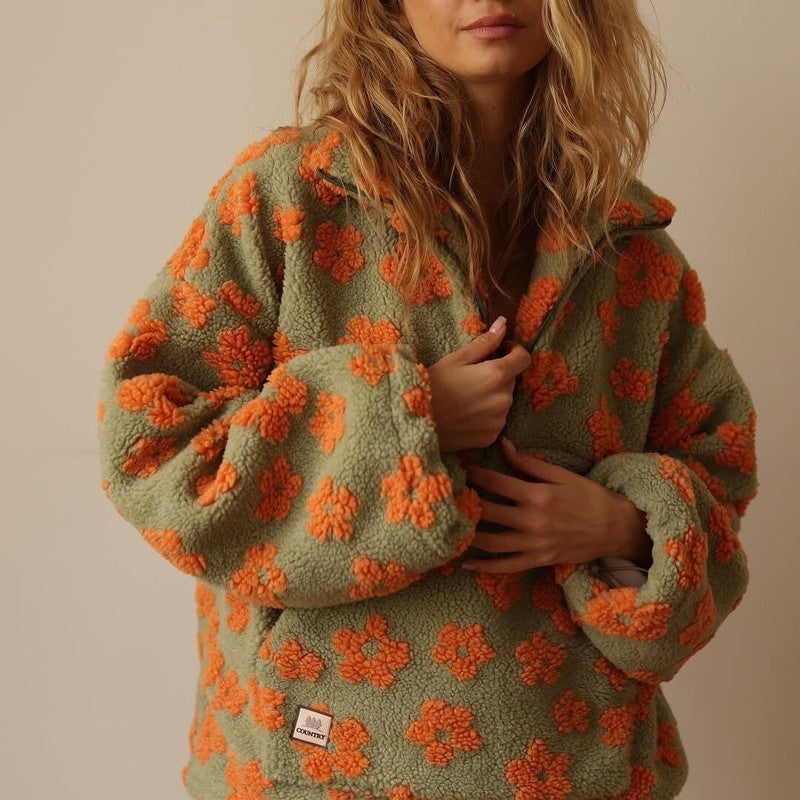 Fleece Floral Pattern Relaxed Pullover