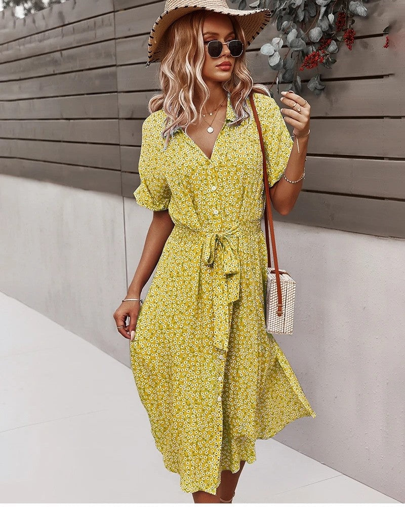 Floral Belted Short Sleeve Midi Dress