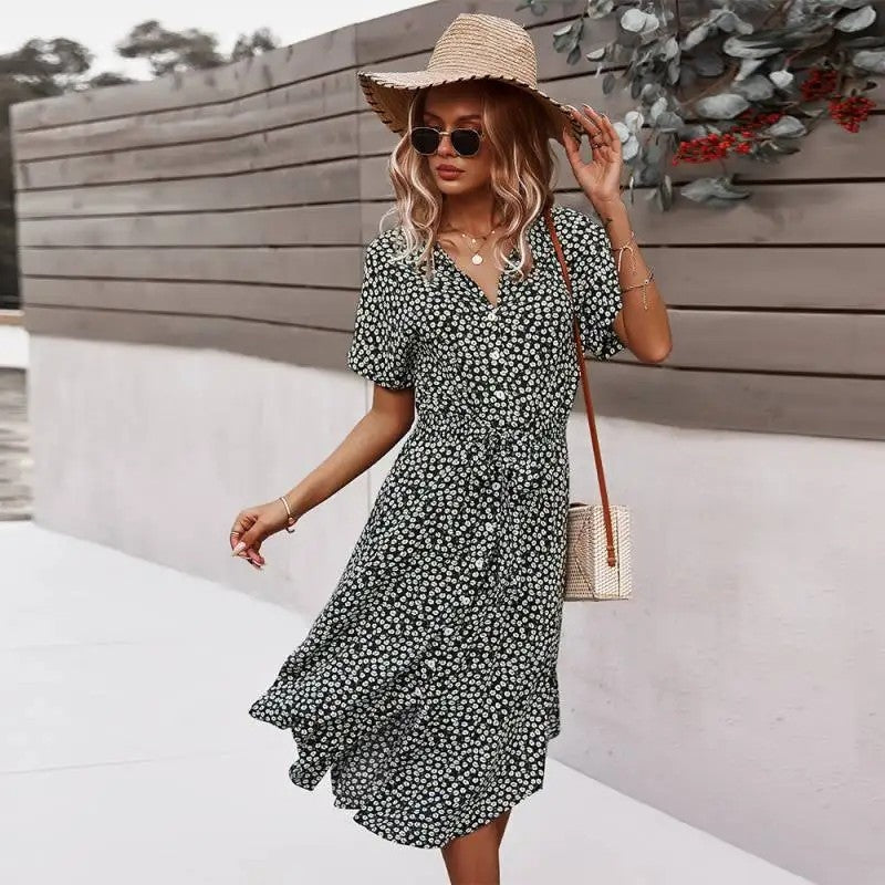 Floral Belted Short Sleeve Midi Dress