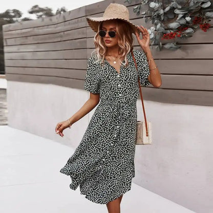 Floral Belted Short Sleeve Midi Dress