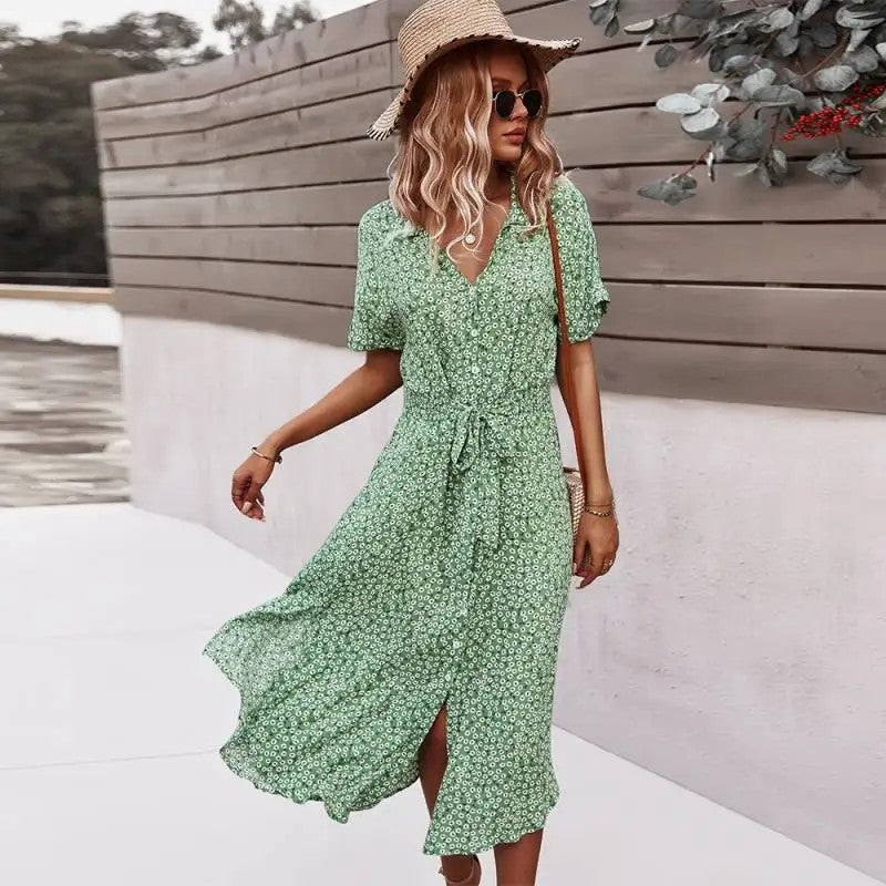 Floral Belted Short Sleeve Midi Dress