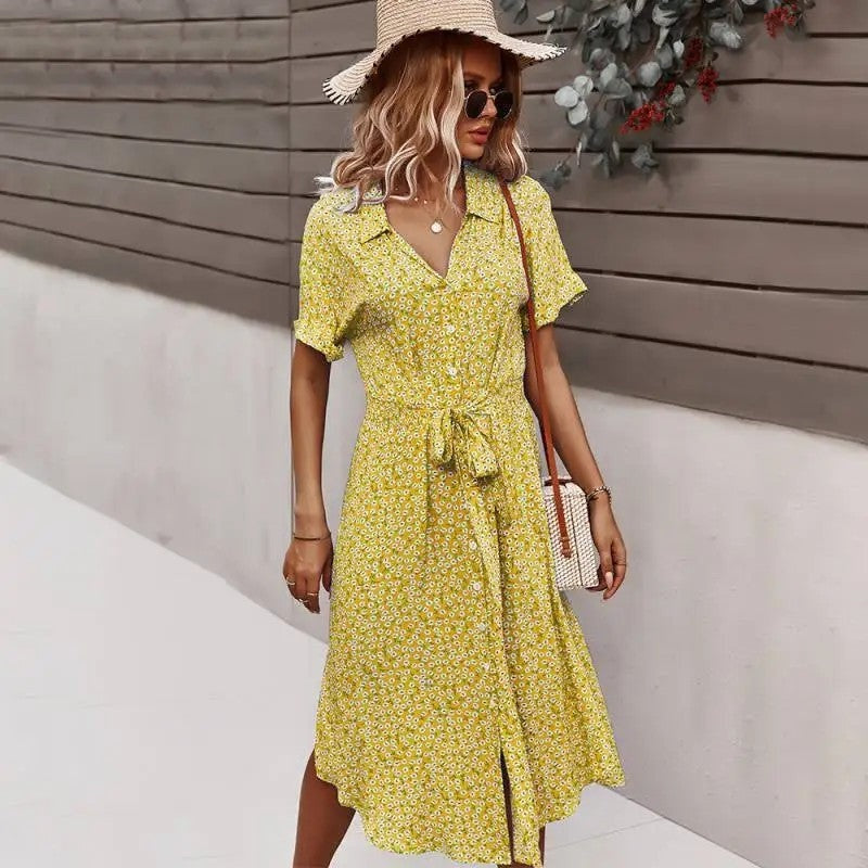 Floral Belted Short Sleeve Midi Dress