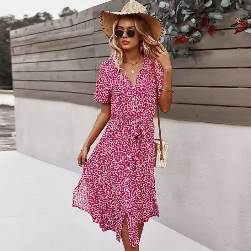 Floral Belted Short Sleeve Midi Dress
