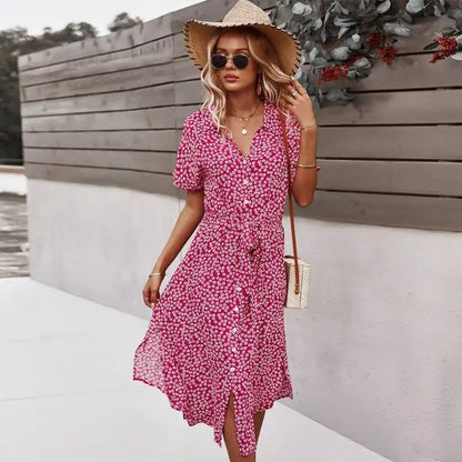 Floral Belted Short Sleeve Midi Dress