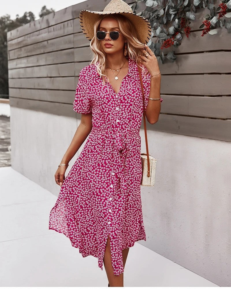 Floral Belted Short Sleeve Midi Dress