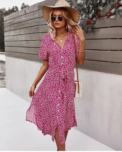 Floral Belted Short Sleeve Midi Dress