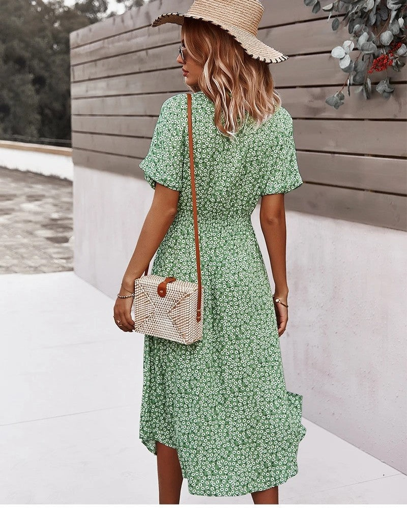 Floral Belted Short Sleeve Midi Dress