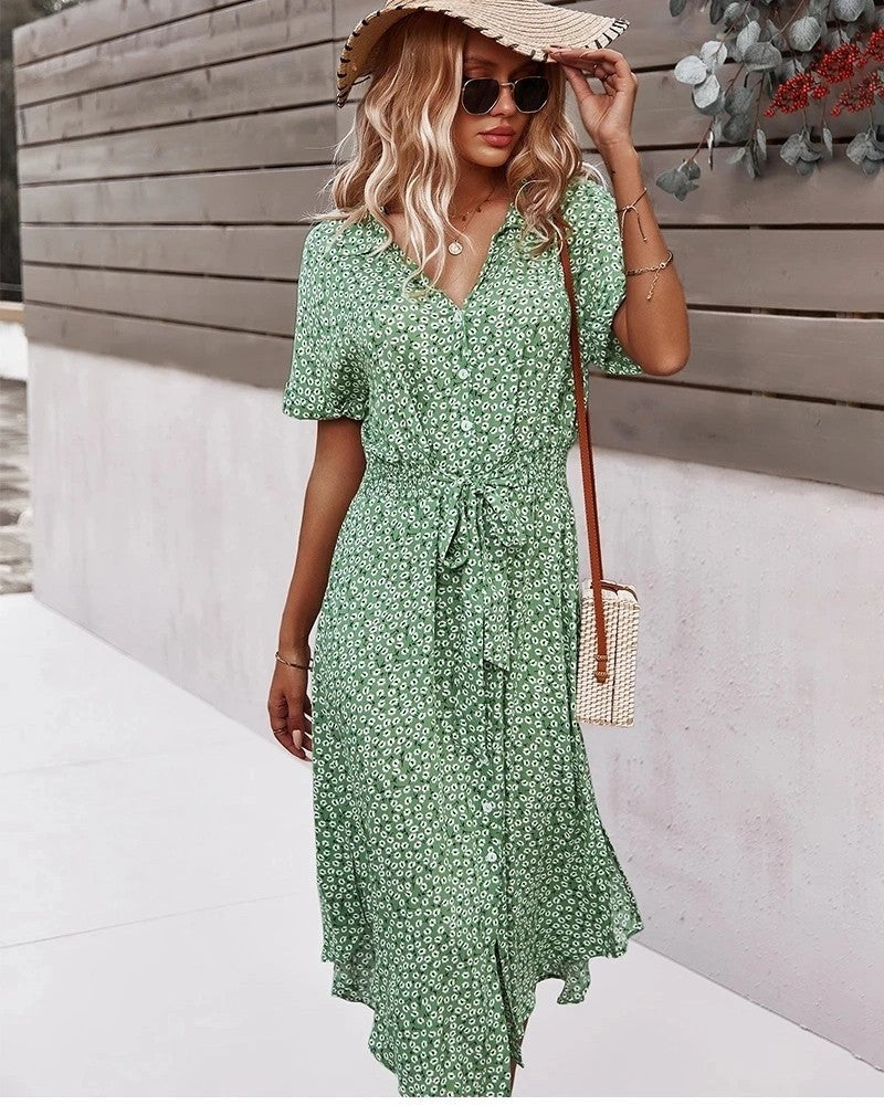Floral Belted Short Sleeve Midi Dress