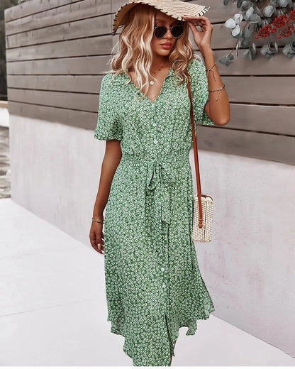 Floral Belted Short Sleeve Midi Dress