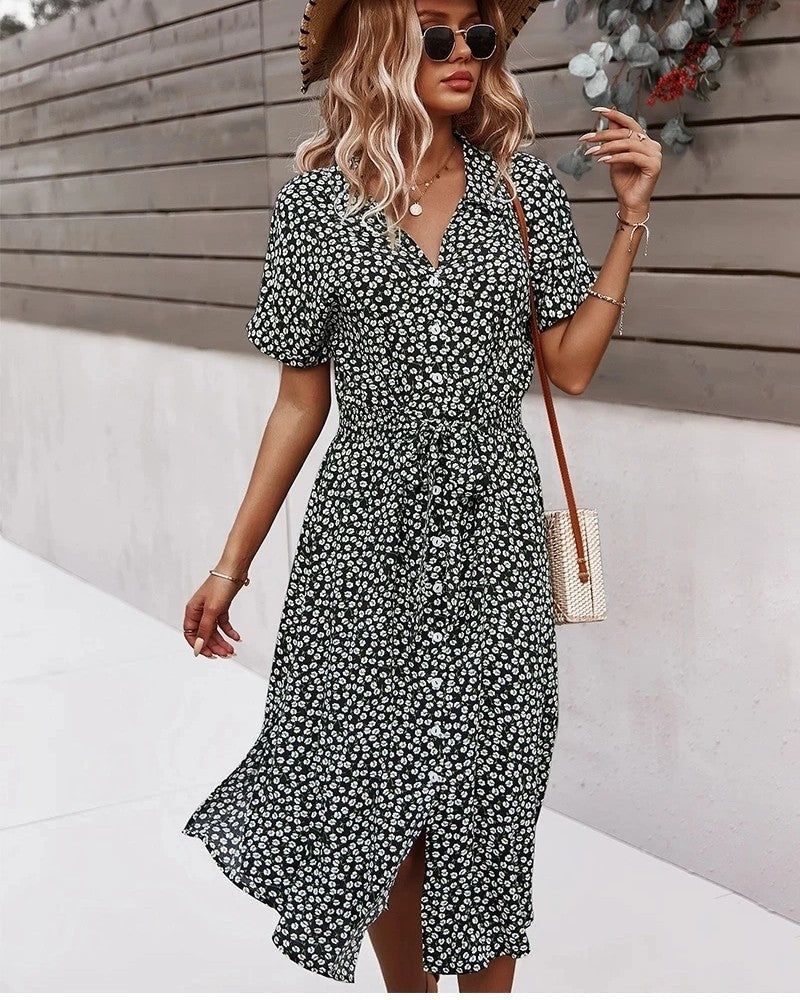 Floral Belted Short Sleeve Midi Dress