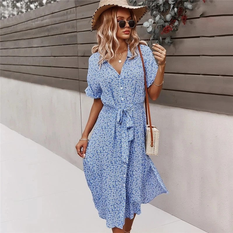 Floral Button-Front Tie-Waist Midi Dress