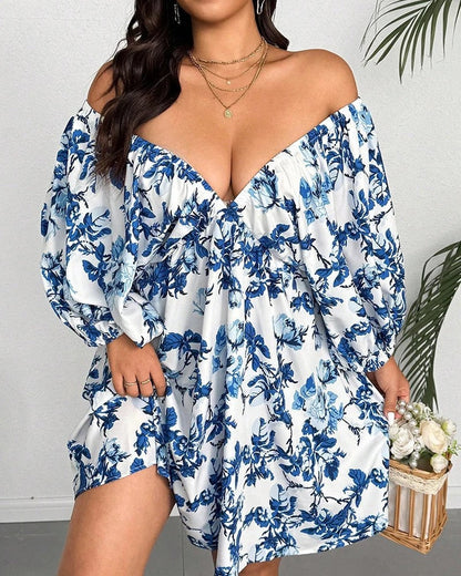 Plus Size Floral Off Shoulder Puff Sleeve Mini Dress