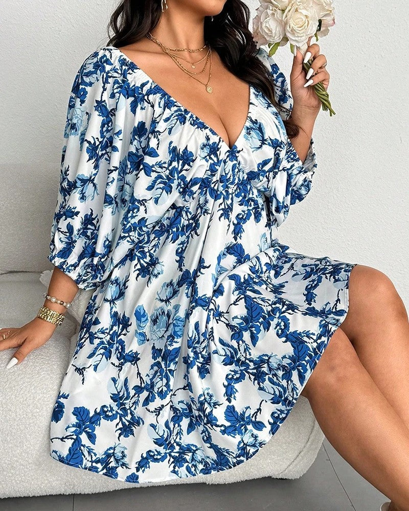 Plus Size Floral Off Shoulder Puff Sleeve Mini Dress