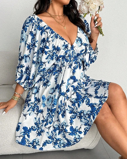 Plus Size Floral Off Shoulder Puff Sleeve Mini Dress