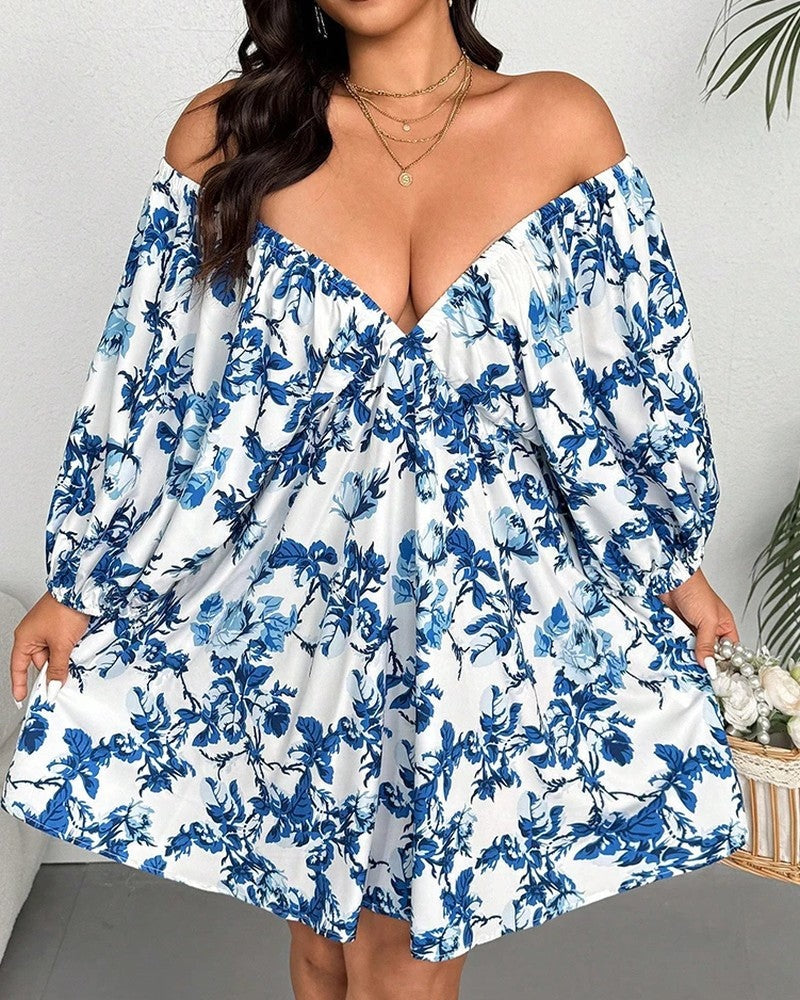 Plus Size Floral Off Shoulder Puff Sleeve Mini Dress