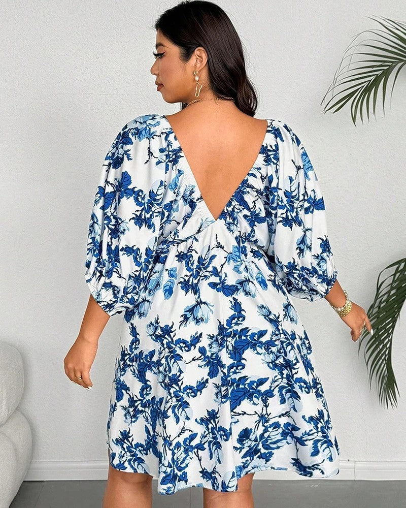 Plus Size Floral Off Shoulder Puff Sleeve Mini Dress