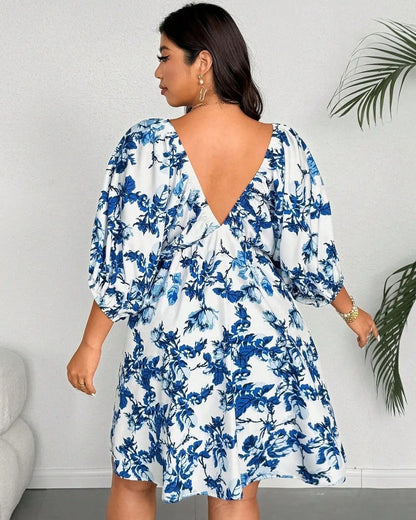Plus Size Floral Off Shoulder Puff Sleeve Mini Dress