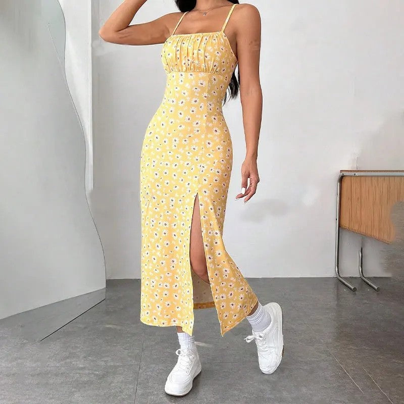 Floral Ruched Midi Slit Dress