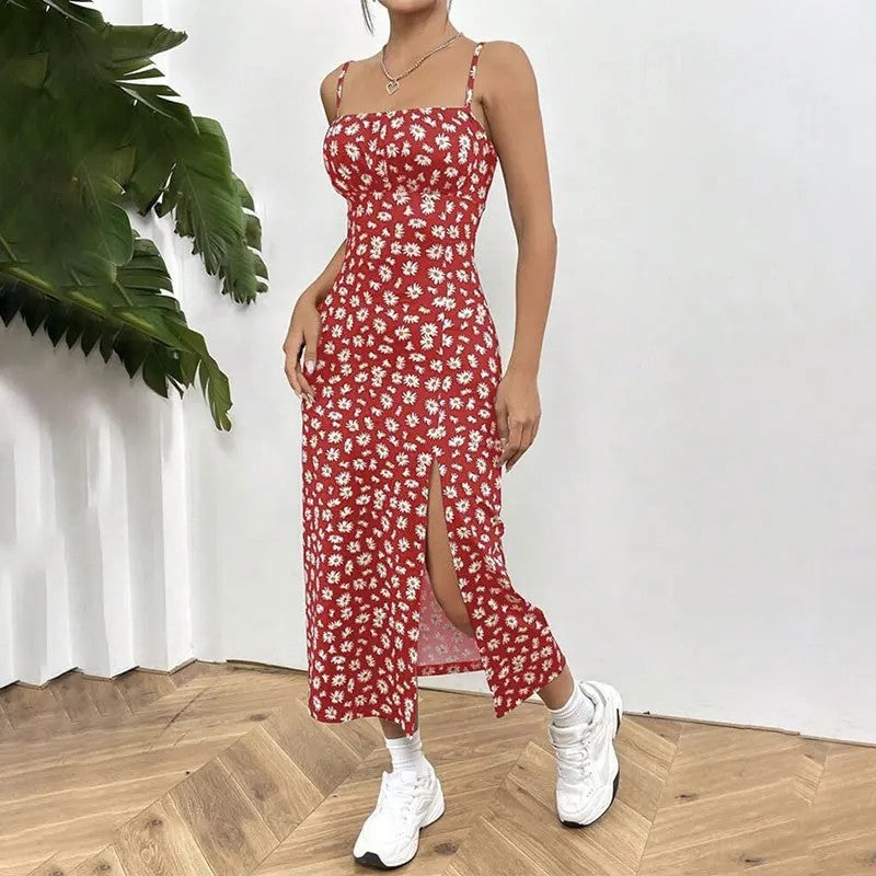 Floral Ruched Midi Slit Dress