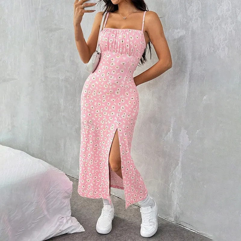Floral Ruched Midi Slit Dress