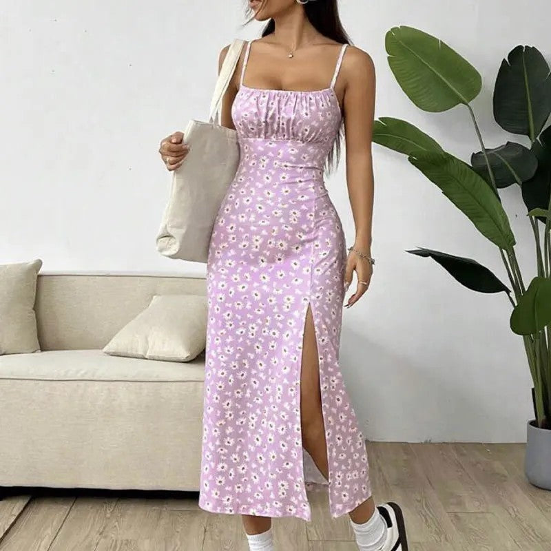 Floral Ruched Midi Slit Dress