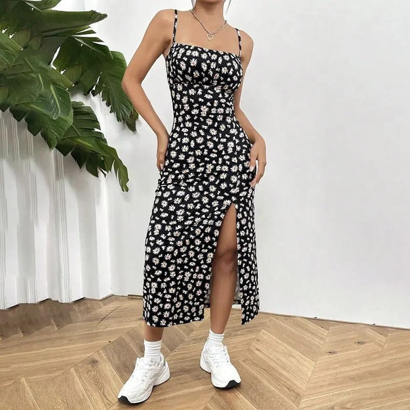 Floral Ruched Midi Slit Dress