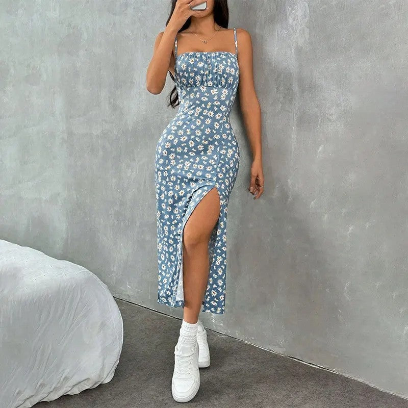 Floral Ruched Midi Slit Dress