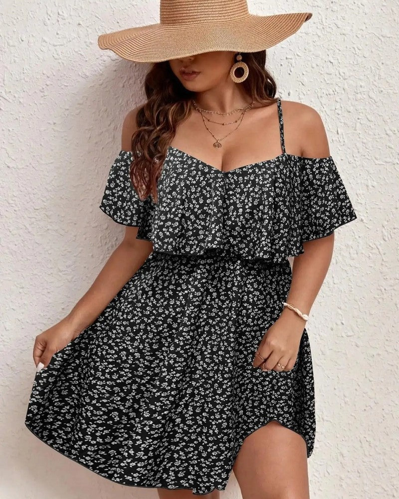Plus Size Floral Ruffle Off-Shoulder Mini Dress