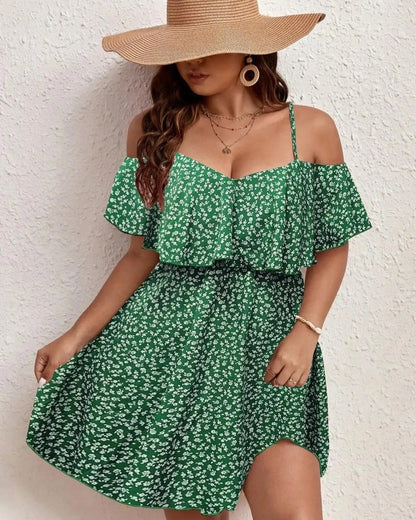 Plus Size Floral Ruffle Off-Shoulder Mini Dress