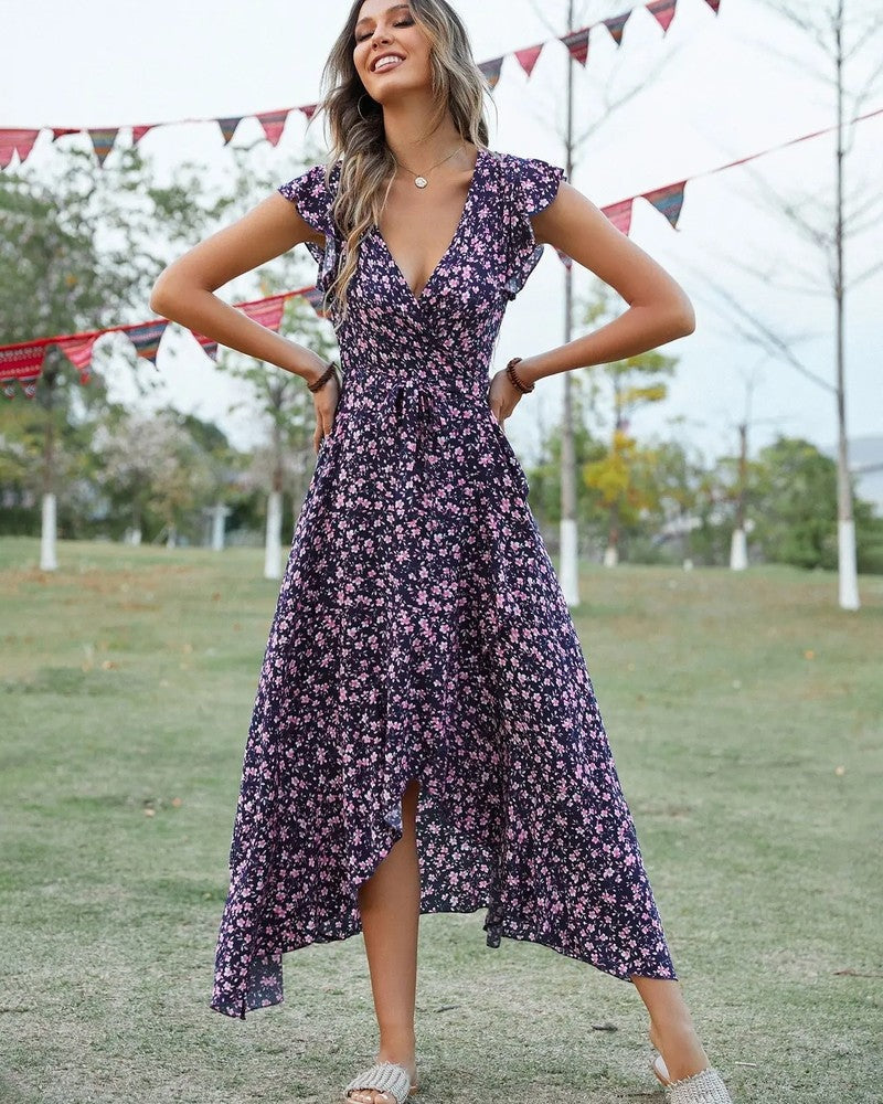 Floral Ruffle Wrap Midi Dress