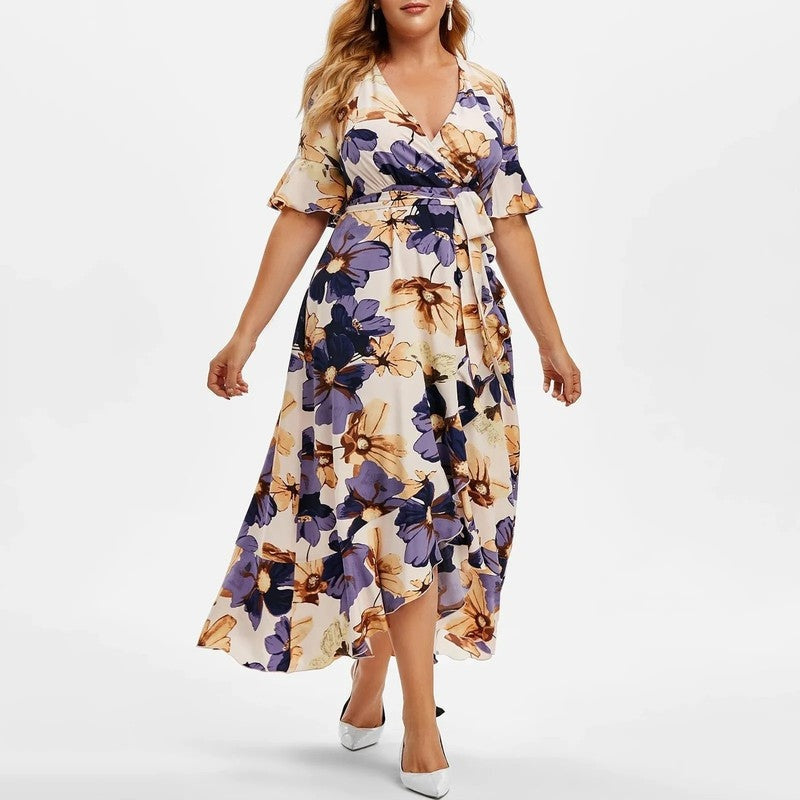 Plus Size Floral Wrap Ruffle Midi Dress