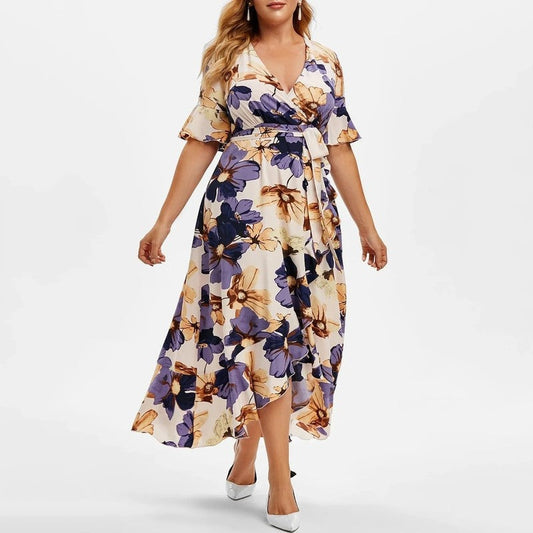 Plus Size Floral Wrap Ruffle Midi Dress