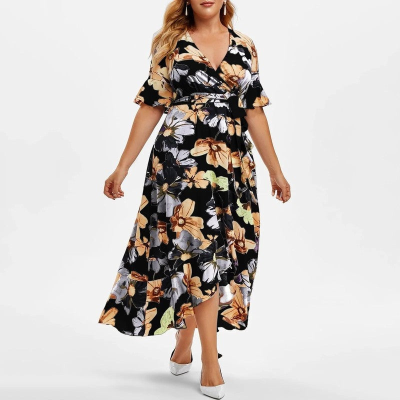 Plus Size Floral Wrap Ruffle Midi Dress